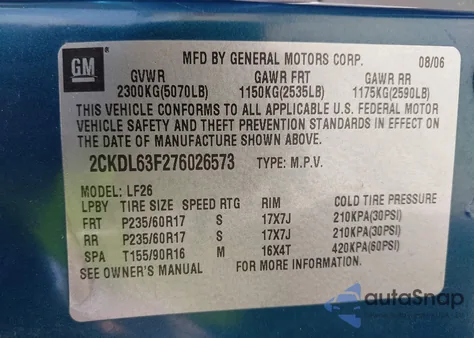 2007 Pontiac Torrent z USA, uszkodzony, nr VIN 2CKDL63F276026573